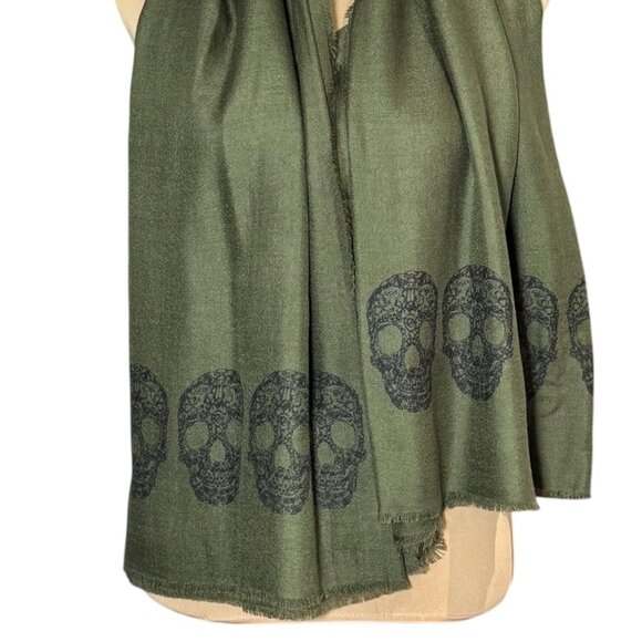 Blue Pacific Cashmere Blend Scarf Skull Print Green Large Square Grunge Goth - Picture 2 of 10